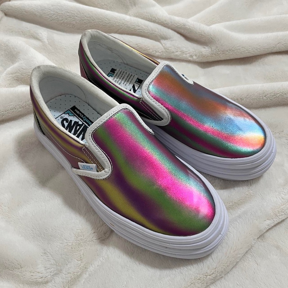 vans ♡ holographic hollogram iridescent rainbow slip on platform sneaker shoe